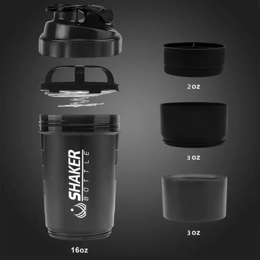 Shaker Bottle with Dual Storage for Protein & Water